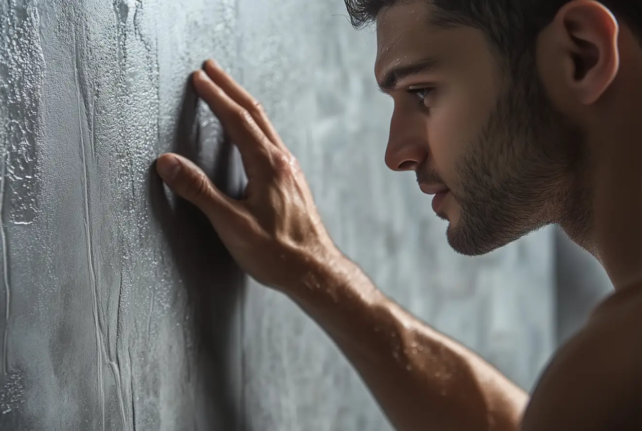 Homme touchant mur en béton ciré